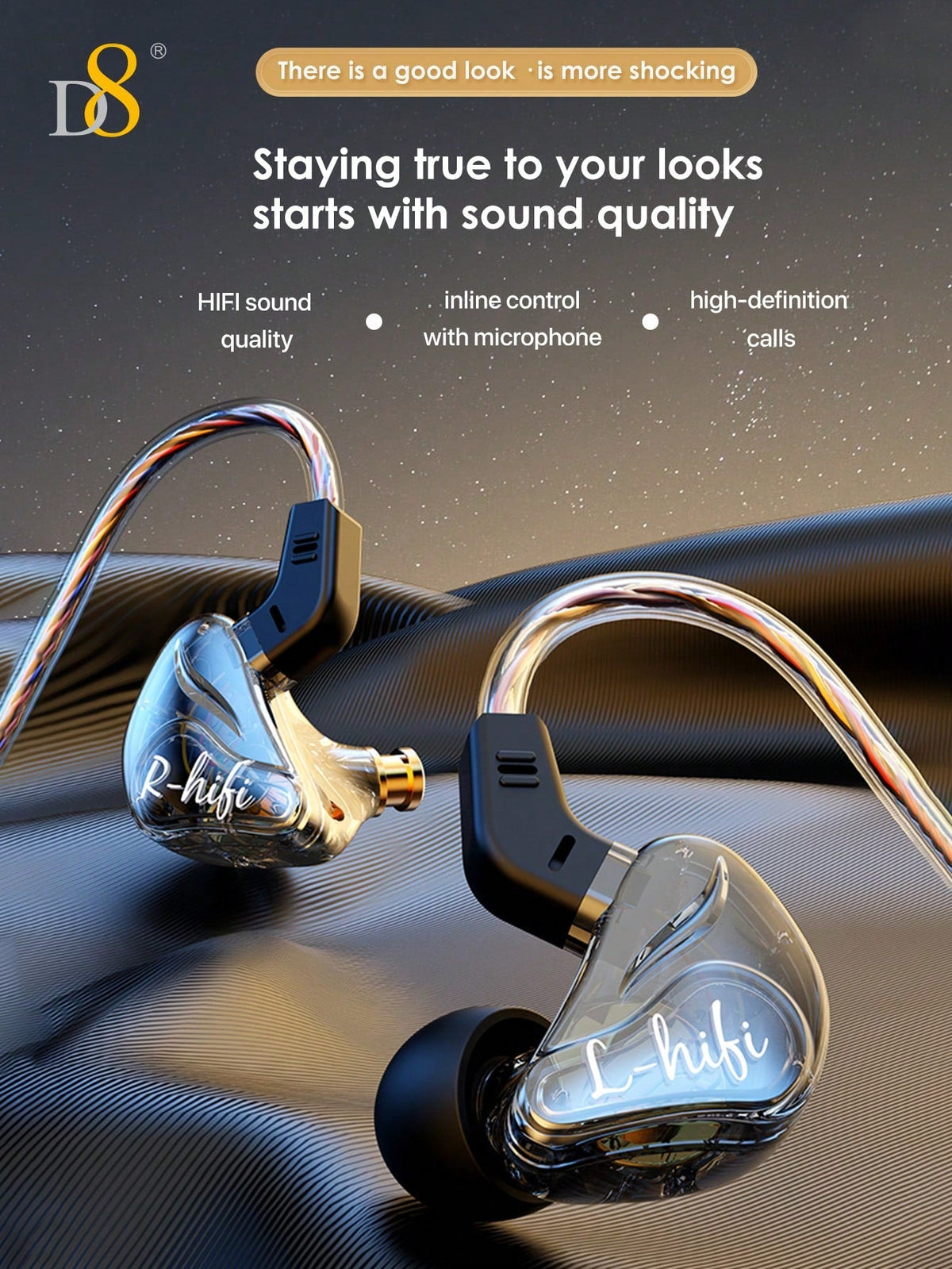 D8 USB-C Wired Earbuds, Mic, Controls, Sport Earhook, for iPhone/Galaxy/iPad