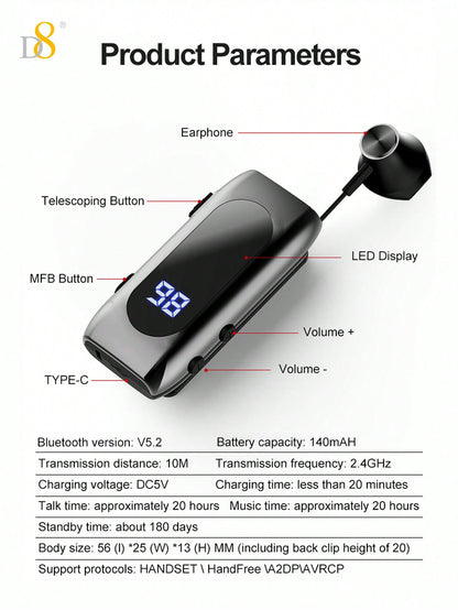D8 Retractable Wireless Headset, LED Display, Noise-Canceling, 20H Talk