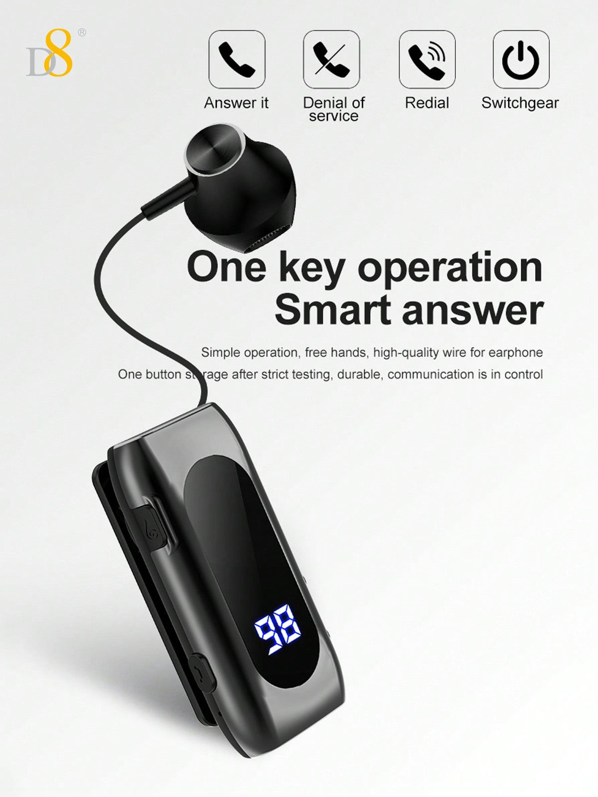D8 Retractable Wireless Headset, LED Display, Noise-Canceling, 20H Talk