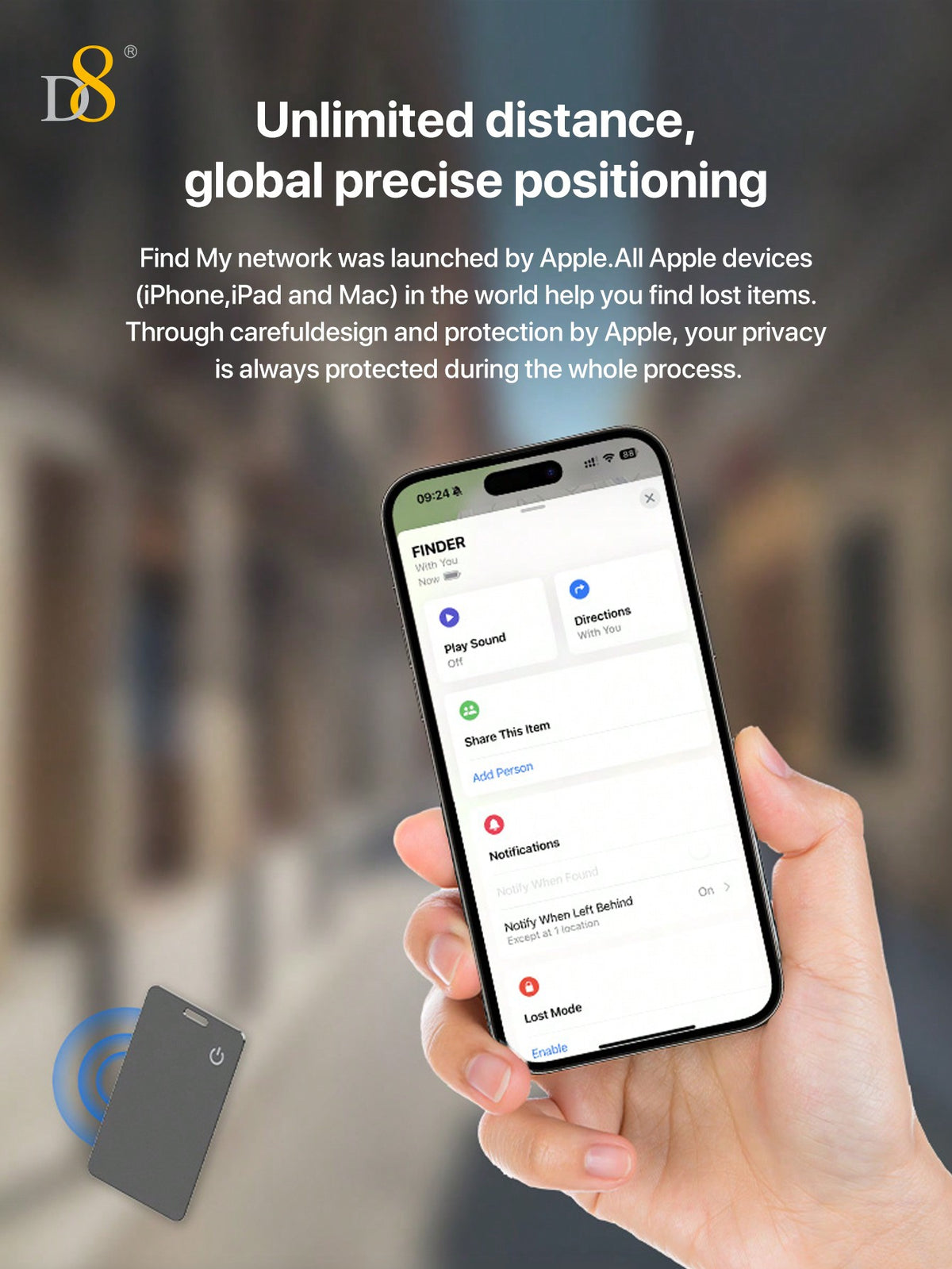 D8 Wallet Tracker Card – Apple MFi Certified, Wireless Charging, IP67 Waterproof