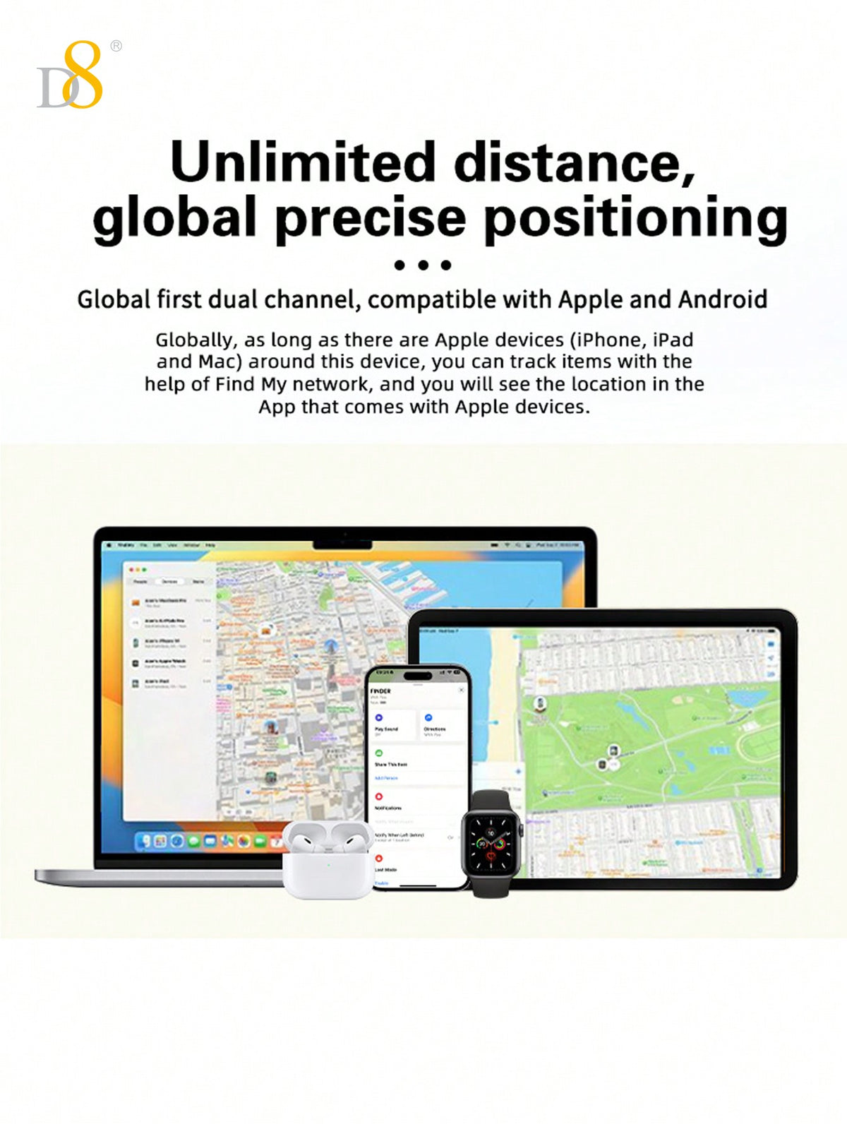 D8 Mini Wallet Tracker Card – Apple MFi Certified, Wireless Charging, IP67 Waterproof