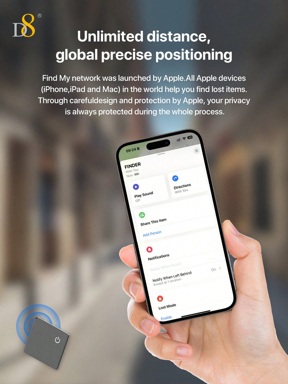 D8 Mini Wallet Tracker Card – Apple MFi Certified, Wireless Charging, IP67 Waterproof