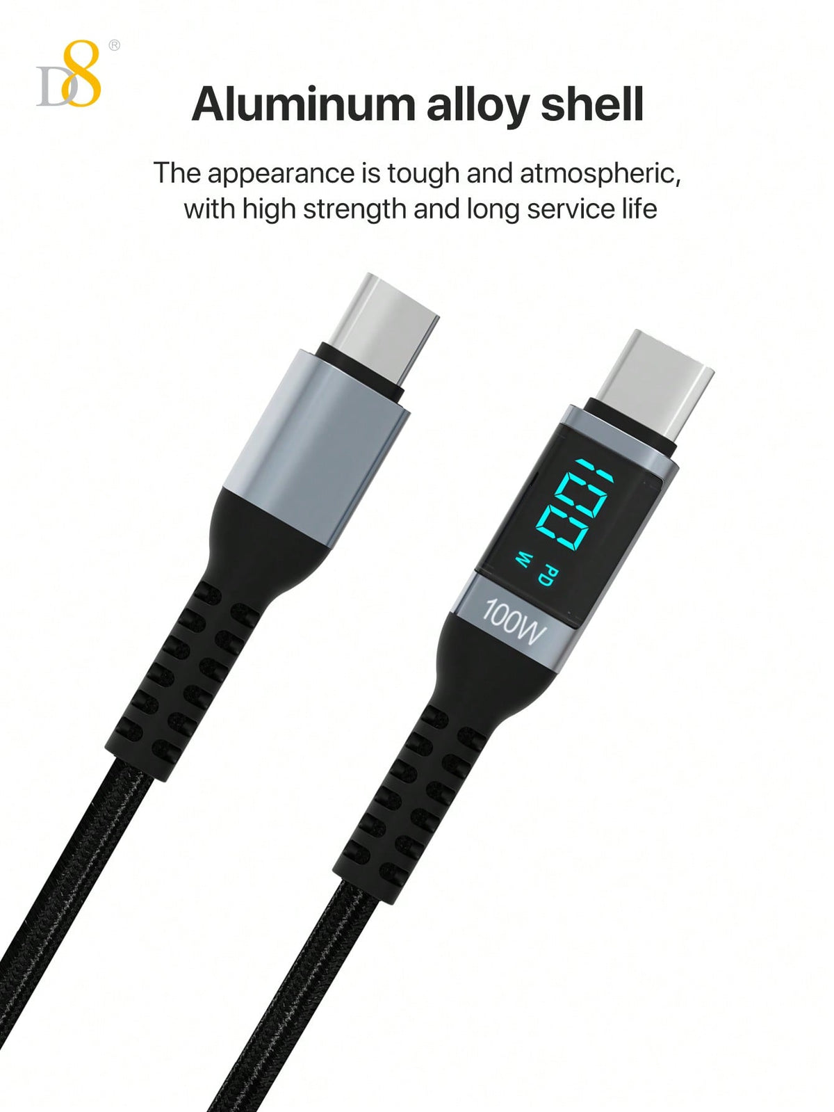 D8 USB-C to USB-C Cable – 1.2M, 100W PD Fast Charging with LED Display for iPhone, iPad, Galaxy