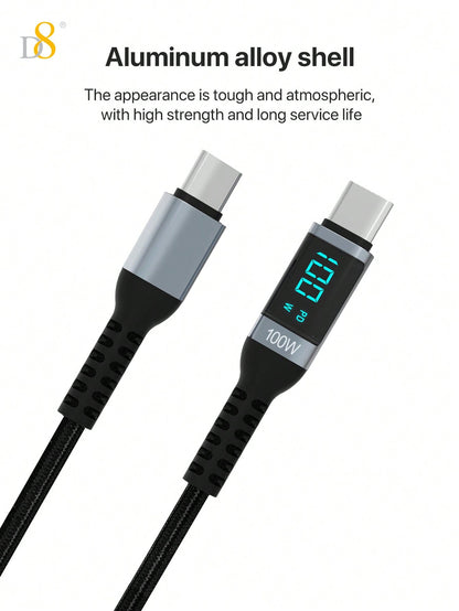D8 USB-C to USB-C Cable – 1.2M, 100W PD Fast Charging with LED Display for iPhone, iPad, Galaxy