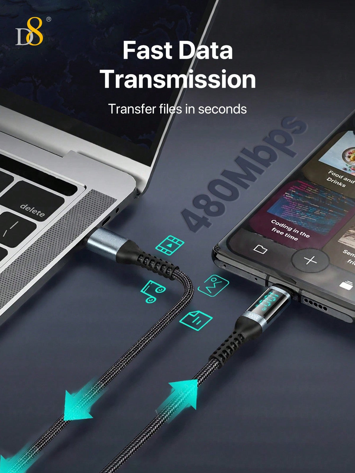 D8 USB-C to USB-C Cable – 1.2M, 100W PD Fast Charging with LED Display for iPhone, iPad, Galaxy