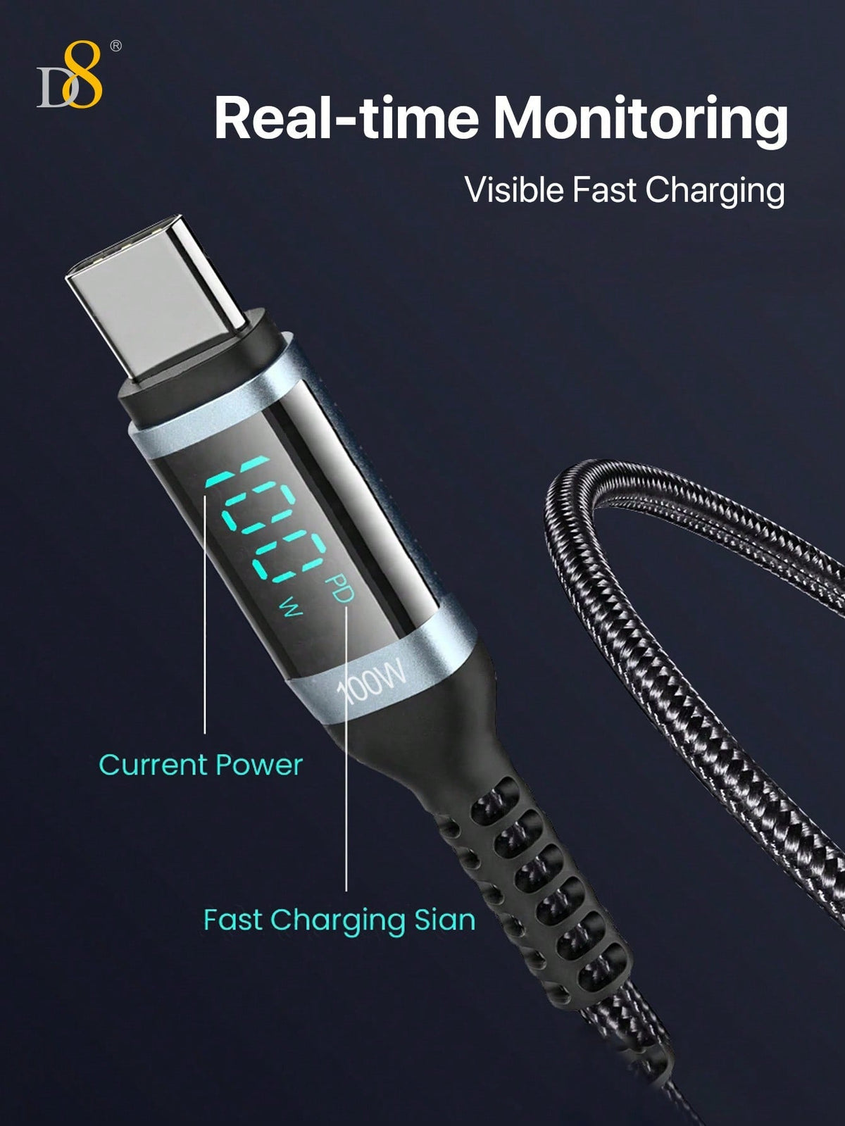 D8 USB-C to USB-C Cable – 1.2M, 100W PD Fast Charging with LED Display for iPhone, iPad, Galaxy