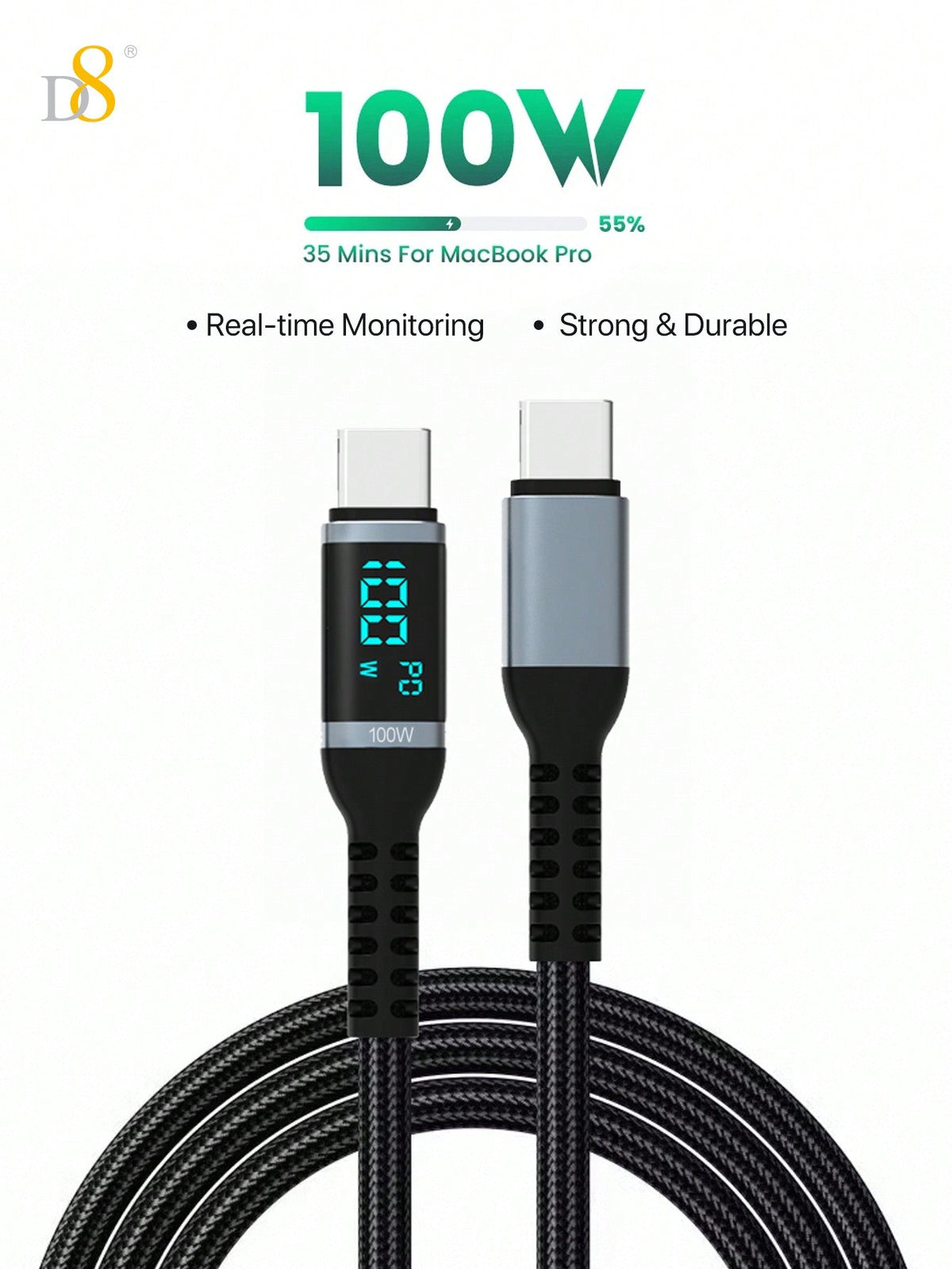 D8 USB-C to USB-C Cable – 1.2M, 100W PD Fast Charging with LED Display for iPhone, iPad, Galaxy