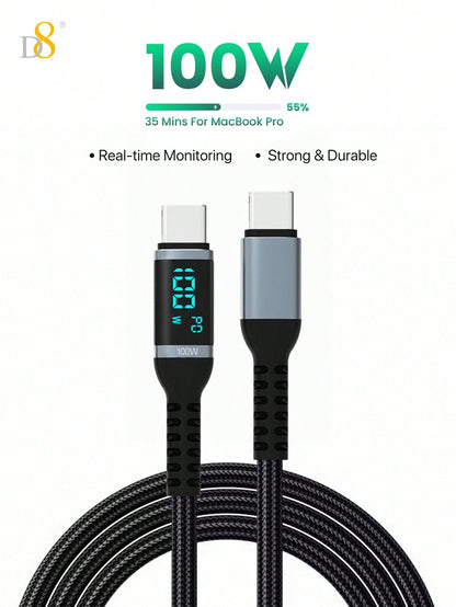 D8 USB-C to USB-C Cable – 1.2M, 100W PD Fast Charging with LED Display for iPhone, iPad, Galaxy