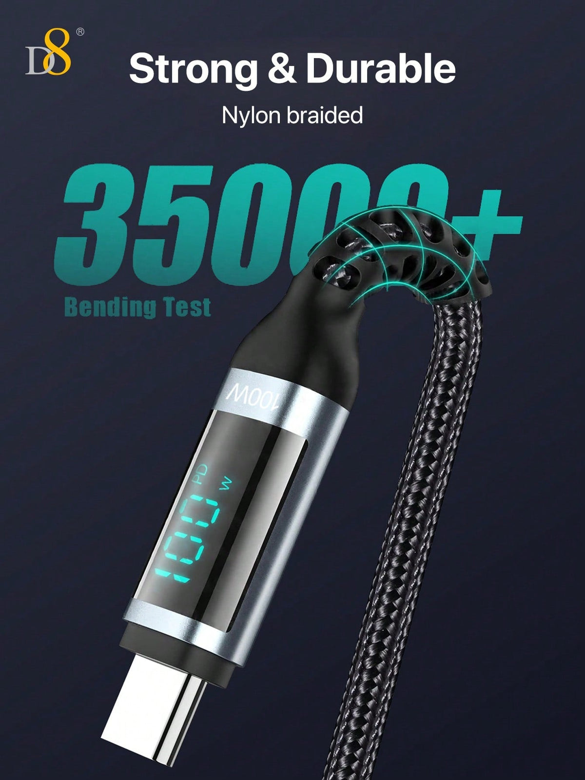D8 USB-C to USB-C Cable – 1.2M, 100W PD Fast Charging with LED Display for iPhone, iPad, Galaxy