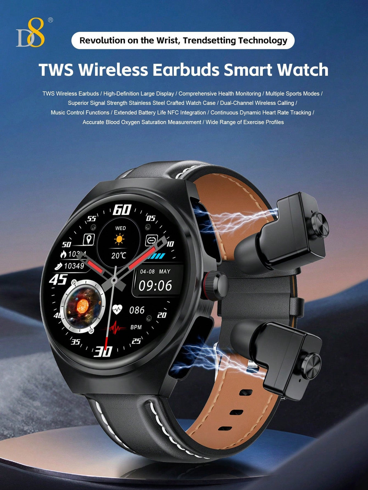 D8 Smartwatch with Earbuds, 1.53" HD Touch, Calls, 100+ Fitness Tracker Modes