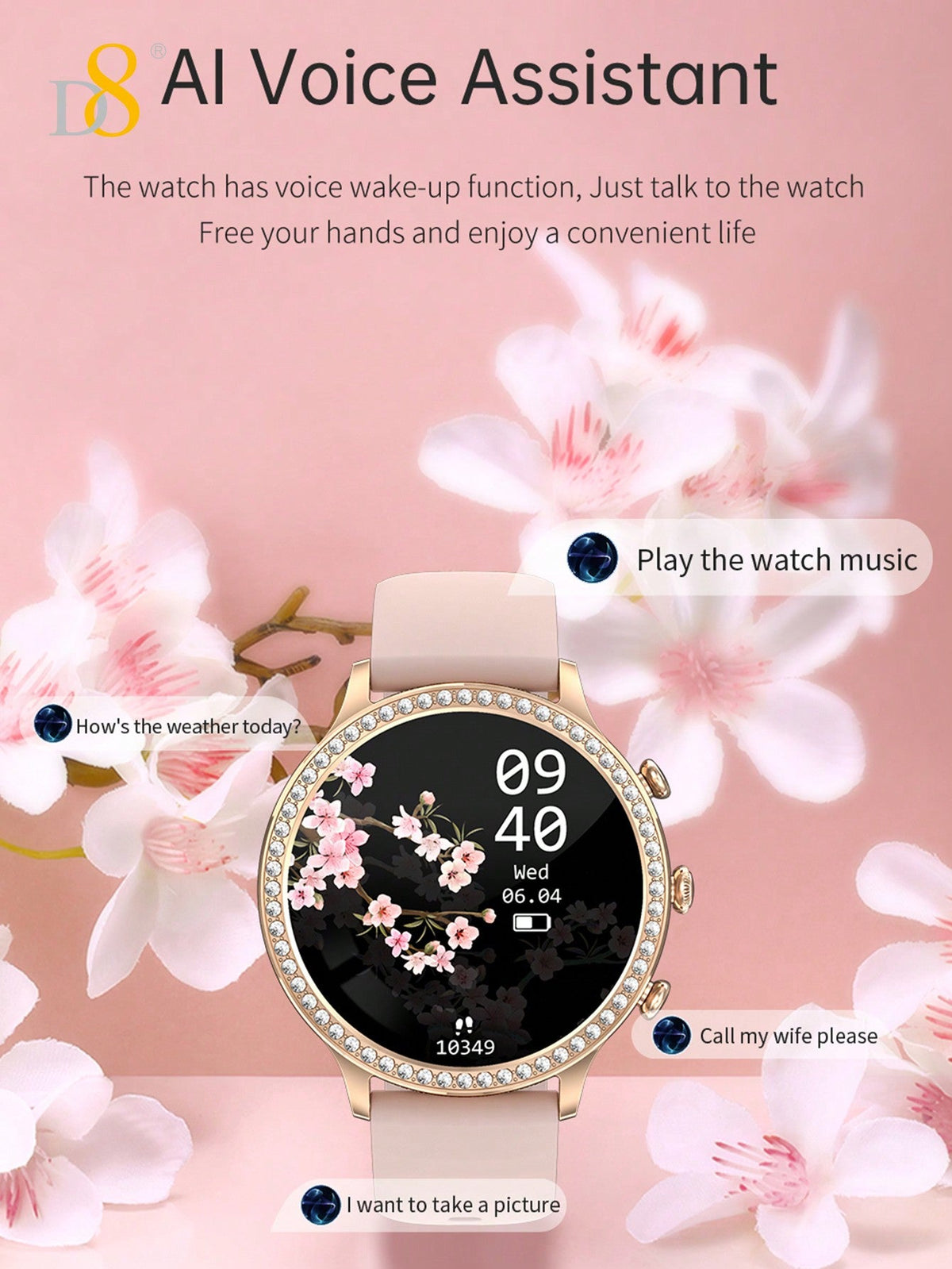 D8 Women's Smartwatch, 1.32", IP68 Waterproof, Diamond Bezel, 100+ Sports