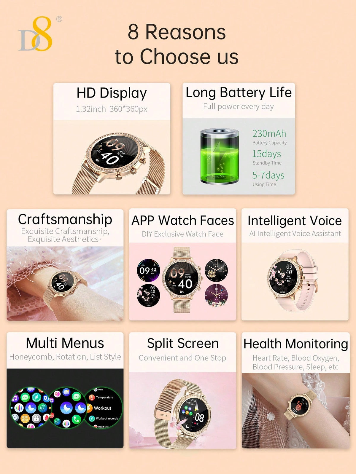 D8 Women's Smartwatch, 1.32", IP68 Waterproof, Diamond Bezel, 100+ Sports