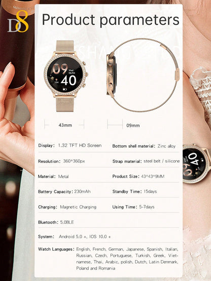D8 Women's Smartwatch, 1.32", IP68 Waterproof, Diamond Bezel, 100+ Sports