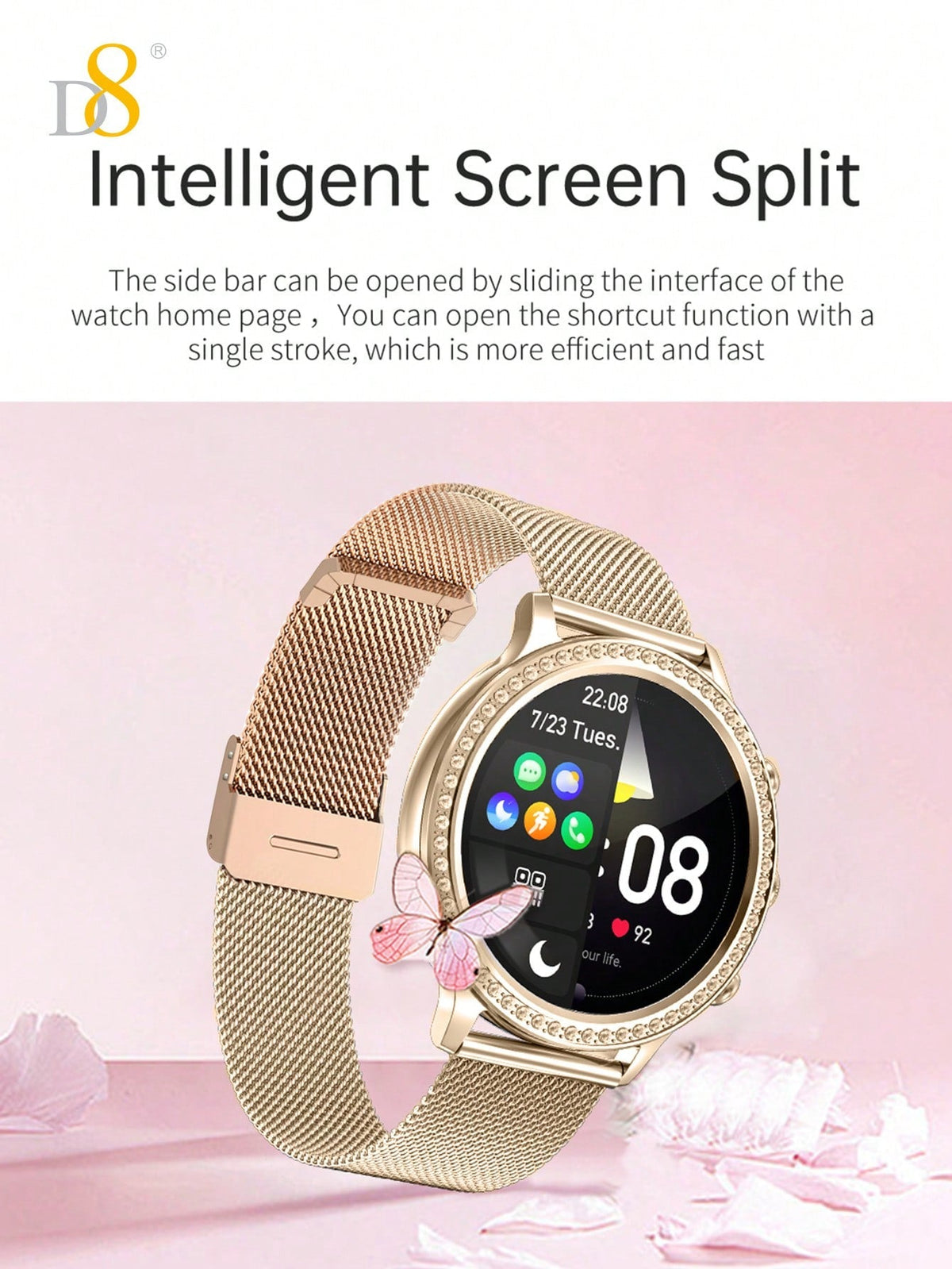 D8 Women's Smartwatch, 1.32", IP68 Waterproof, Diamond Bezel, 100+ Sports