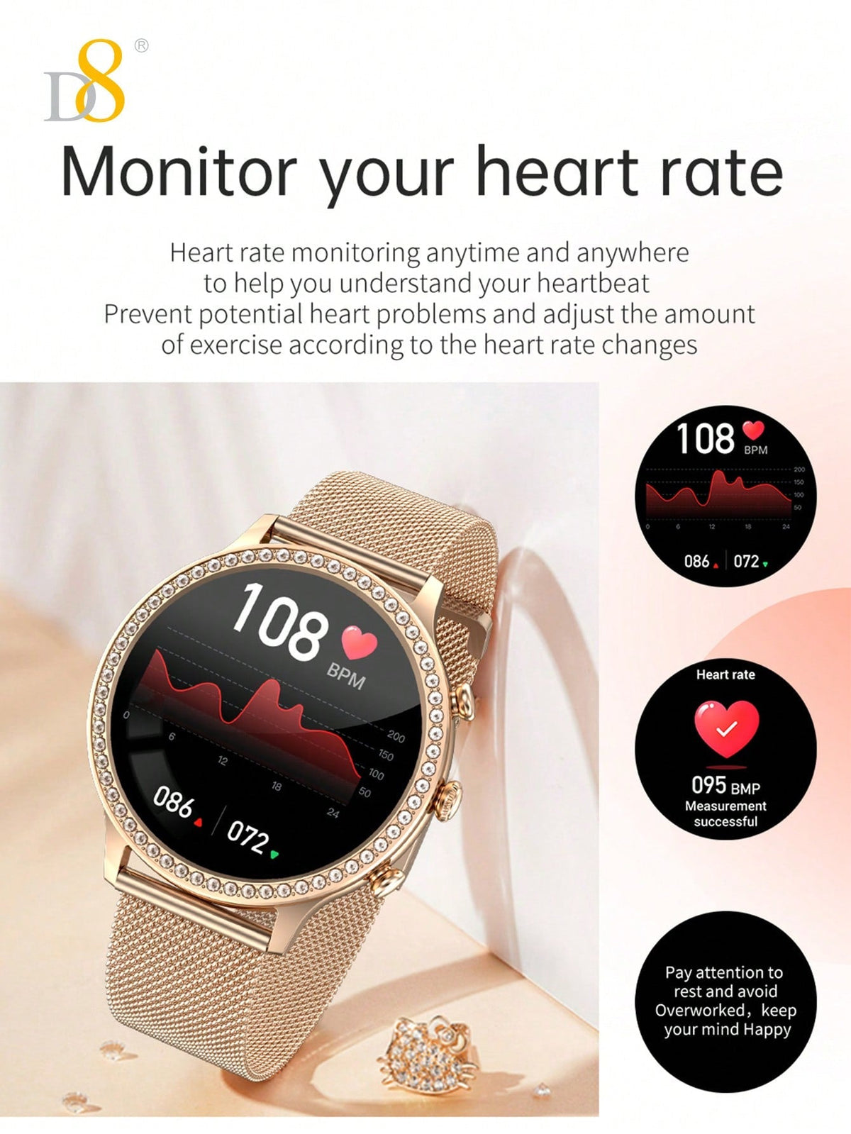 D8 Women's Smartwatch, 1.32", IP68 Waterproof, Diamond Bezel, 100+ Sports