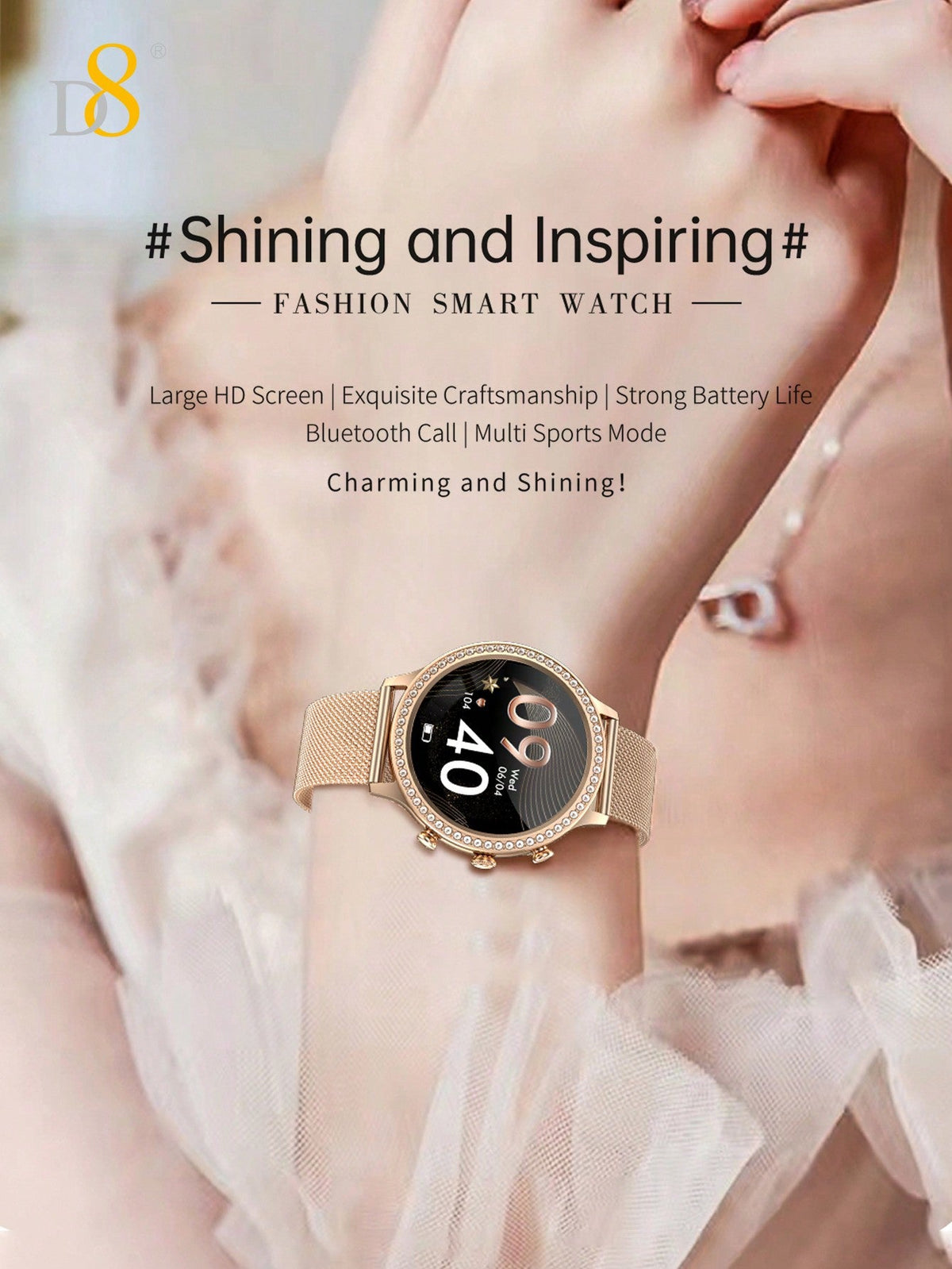 D8 Women's Smartwatch, 1.32", IP68 Waterproof, Diamond Bezel, 100+ Sports