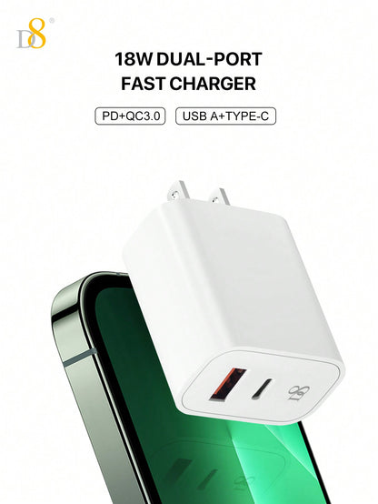 D8 20W PD Dual-Port USB-C Wall Charger – Fast Charging for iPhone, iPad, Samsung
