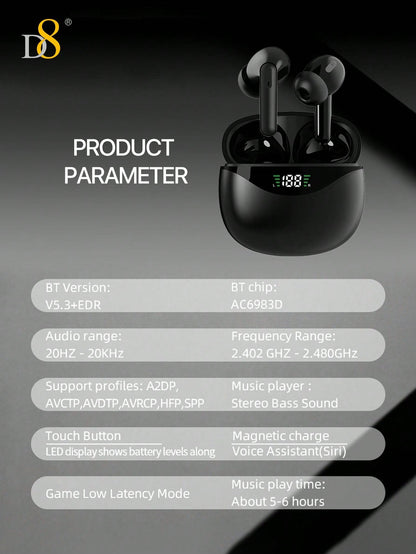 D8 Wireless Earbuds, HiFi Stereo, 5H Playtime, LED Display, iPhone/Android