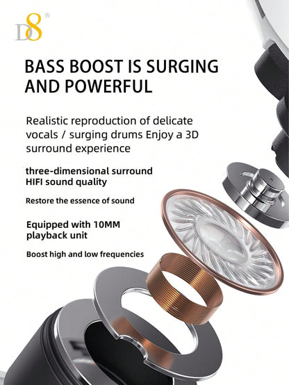 D8 Wireless Earbuds, HiFi Stereo, 5H Playtime, LED Display, iPhone/Android