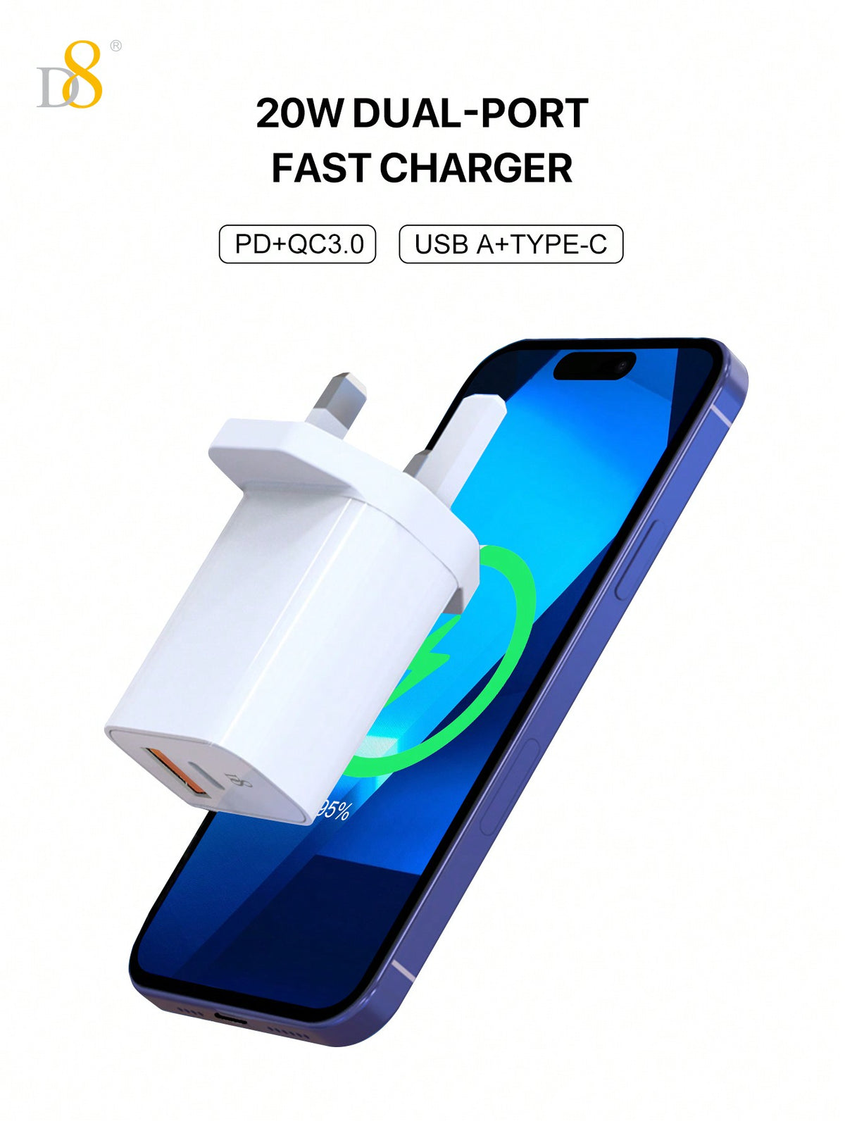 D8 20W USB-C PD Fast Charger – Dual Port for iPhone, iPad, Samsung