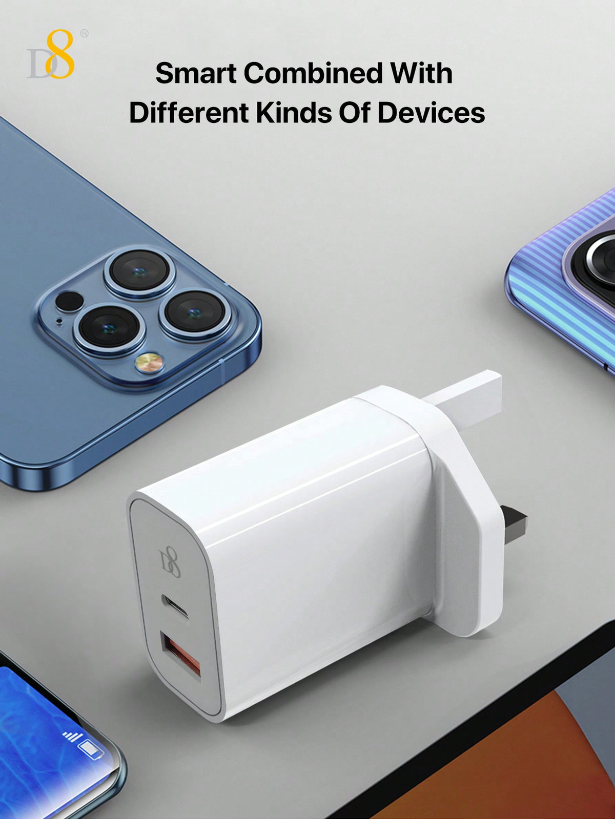 D8 20W USB-C PD Fast Charger – Dual Port for iPhone, iPad, Samsung