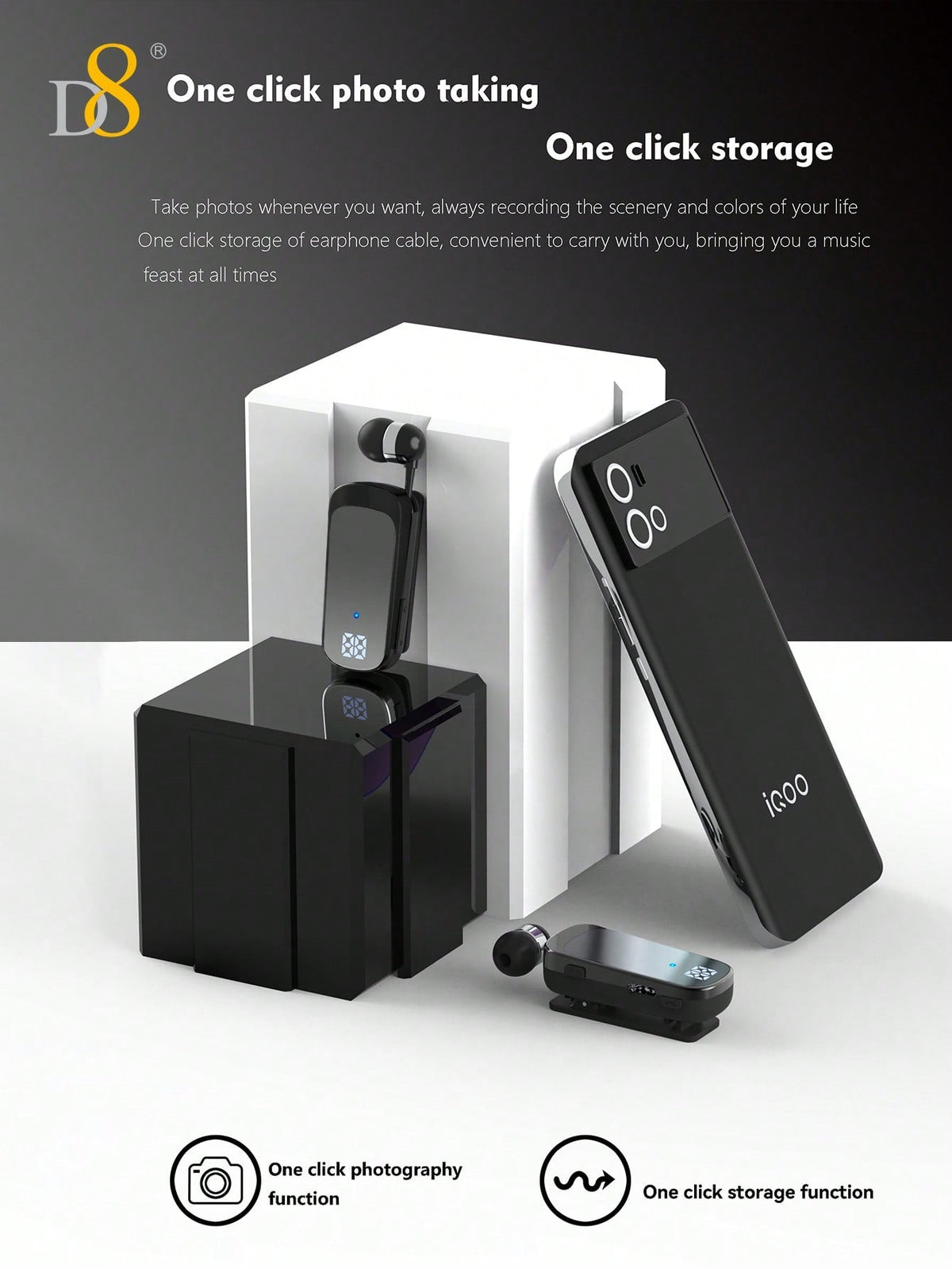 D8 Retractable Wireless Headset – 20H Talk Time, Noise Cancelling Mic, Clip-On for Driving & Workouts