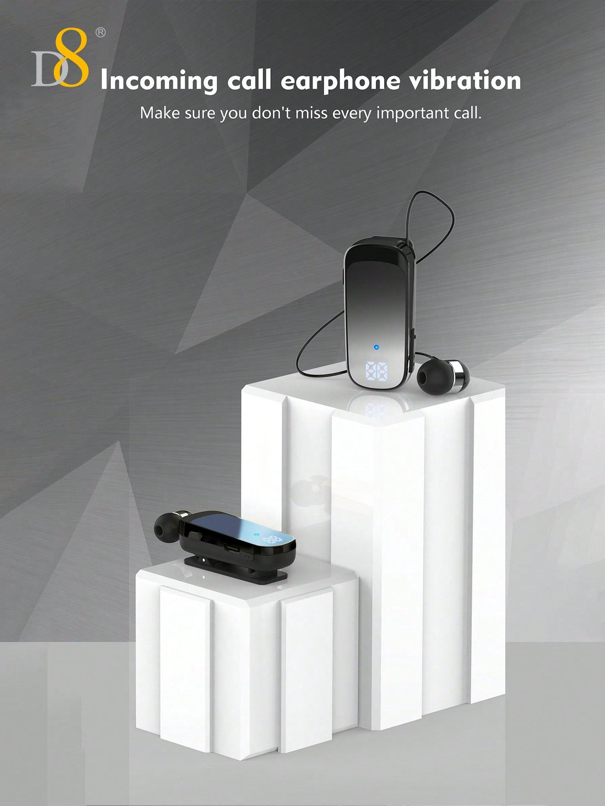 D8 Retractable Wireless Headset – 20H Talk Time, Noise Cancelling Mic, Clip-On for Driving & Workouts