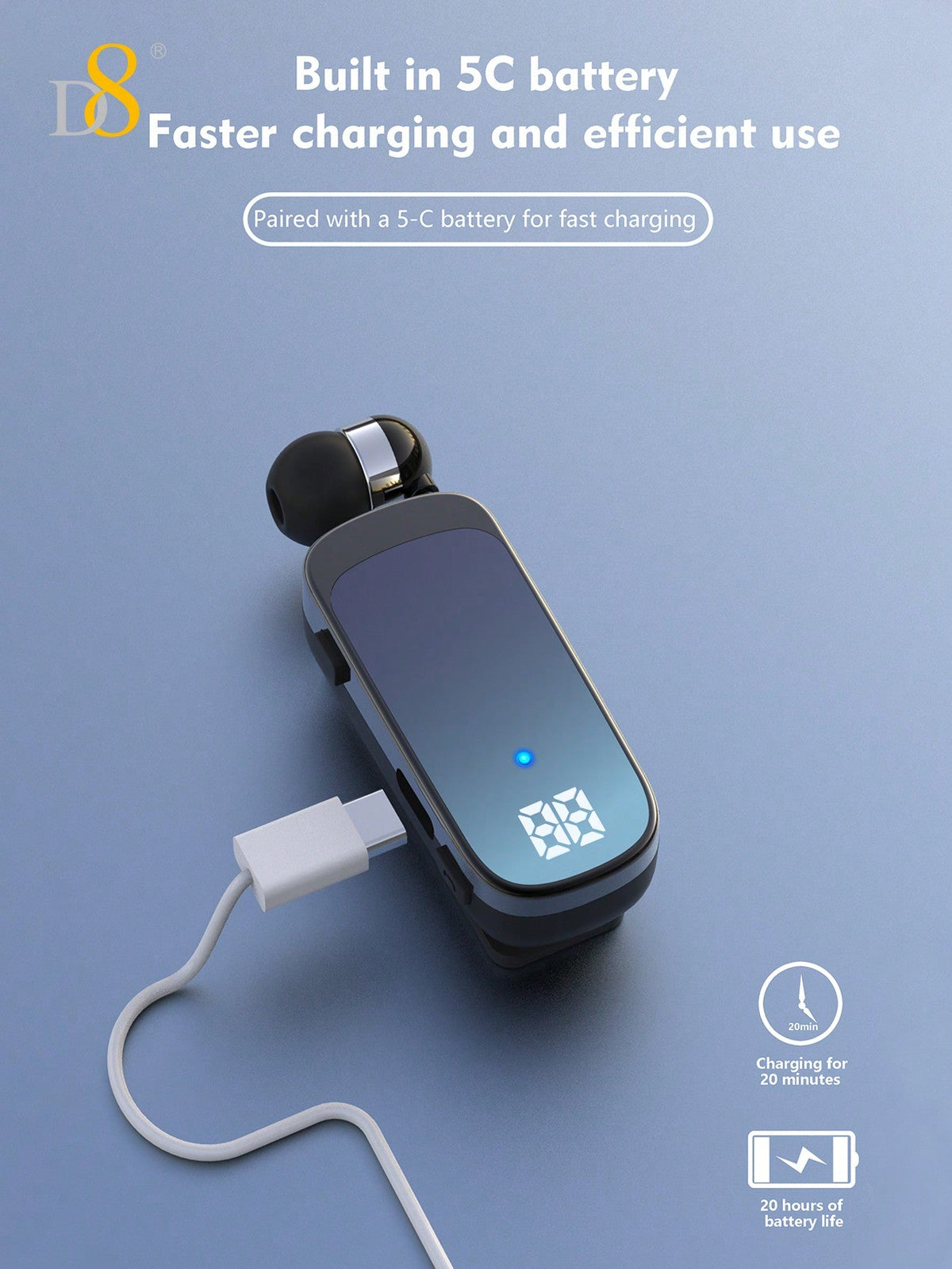 D8 Retractable Wireless Headset – 20H Talk Time, Noise Cancelling Mic, Clip-On for Driving & Workouts