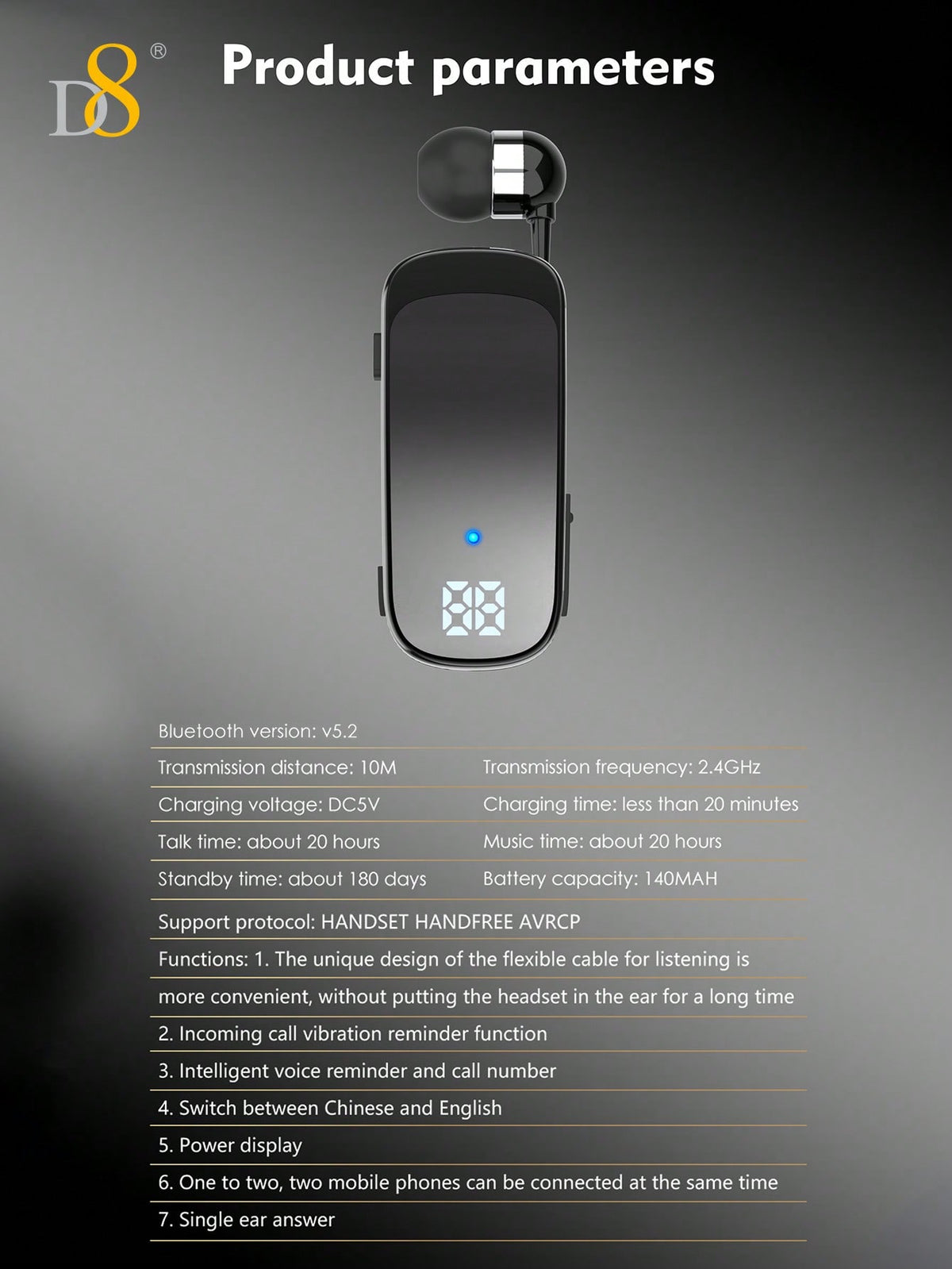 D8 Retractable Wireless Headset – 20H Talk Time, Noise Cancelling Mic, Clip-On for Driving & Workouts