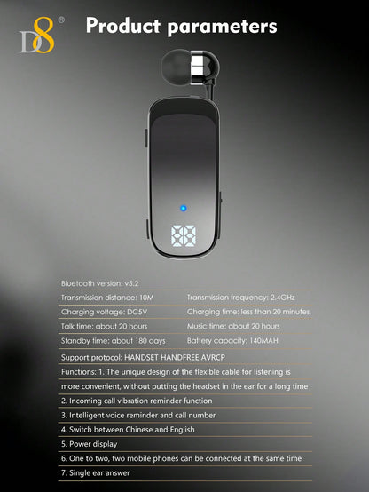 D8 Retractable Wireless Headset – 20H Talk Time, Noise Cancelling Mic, Clip-On for Driving & Workouts
