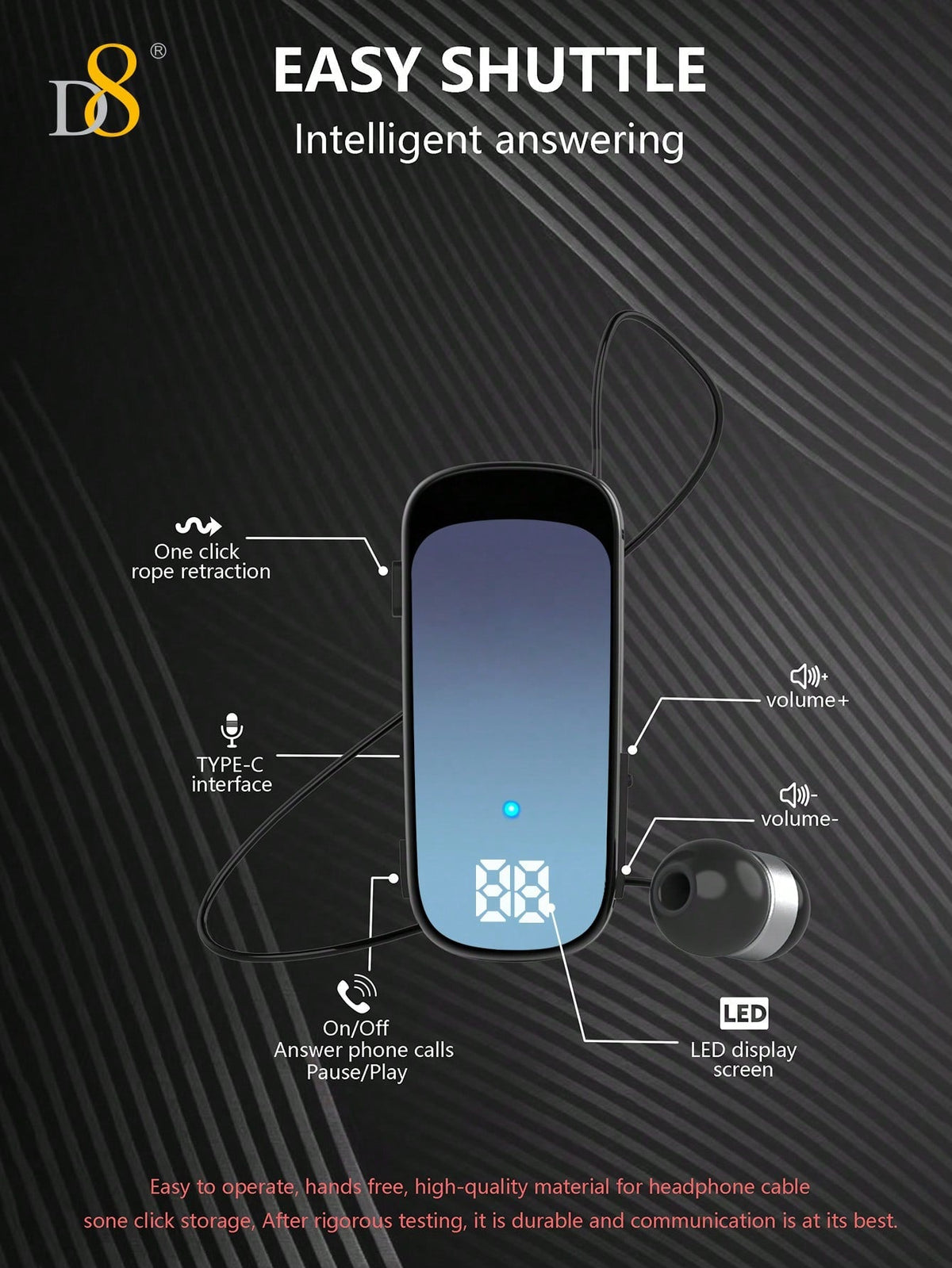 D8 Retractable Wireless Headset – 20H Talk Time, Noise Cancelling Mic, Clip-On for Driving & Workouts