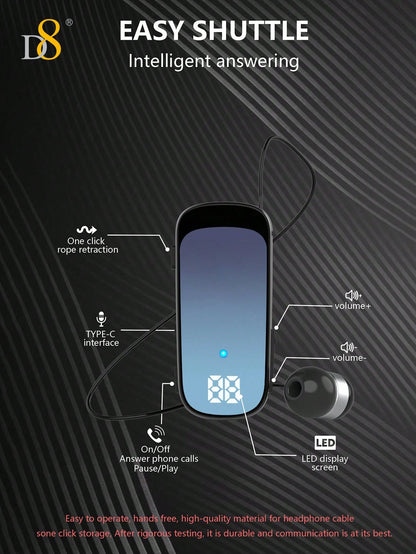 D8 Retractable Wireless Headset – 20H Talk Time, Noise Cancelling Mic, Clip-On for Driving & Workouts