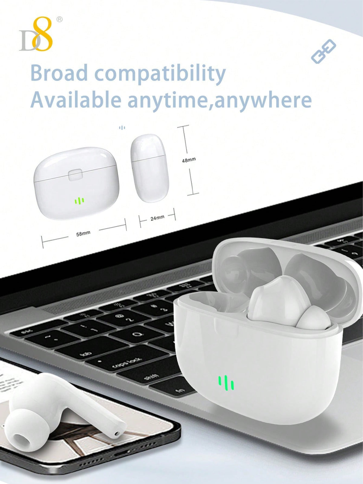 D8 Wireless Earbuds, Stereo Bass, 13mm Drivers, 4H Play, USB-C Charging