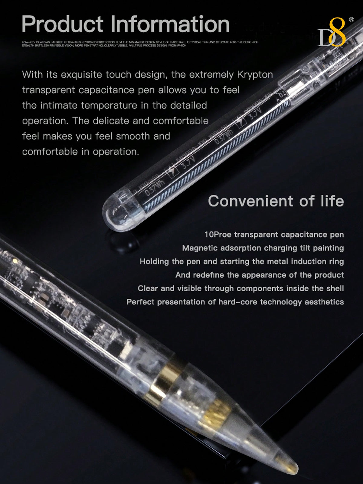 D8 Transparent iPad Stylus Pen – Magnetic Charging, Tilt Sensitivity, Palm Rejection