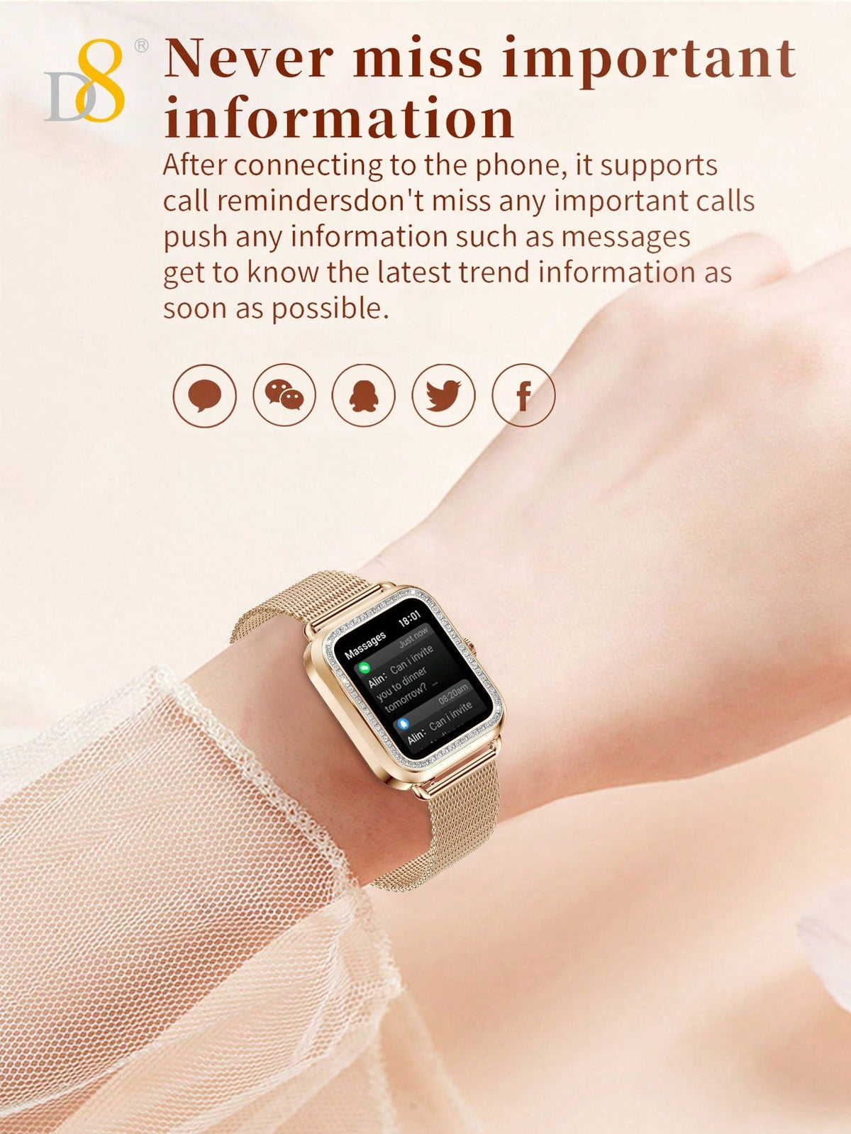 D8 Women's Smartwatch, 1.59", IP68 Waterproof, Diamond Bezel, 100+ Sports