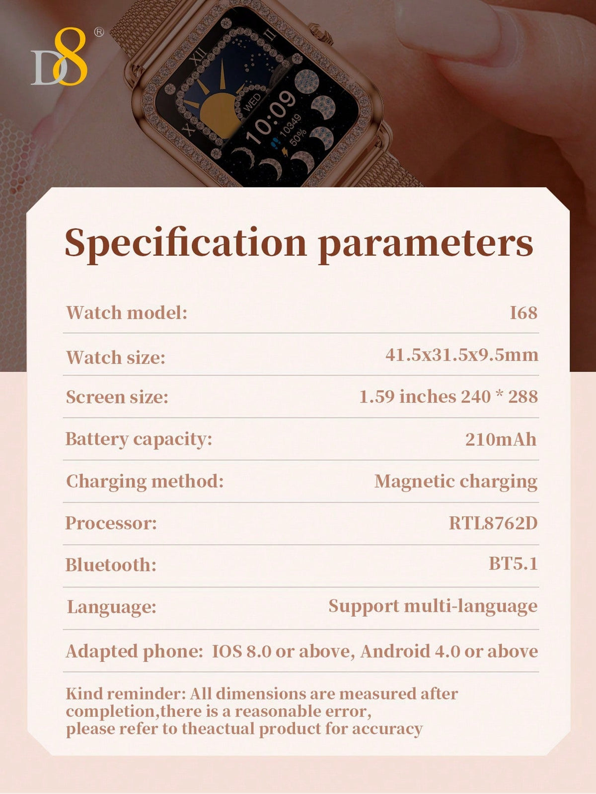 D8 Women's Smartwatch, 1.59", IP68 Waterproof, Diamond Bezel, 100+ Sports