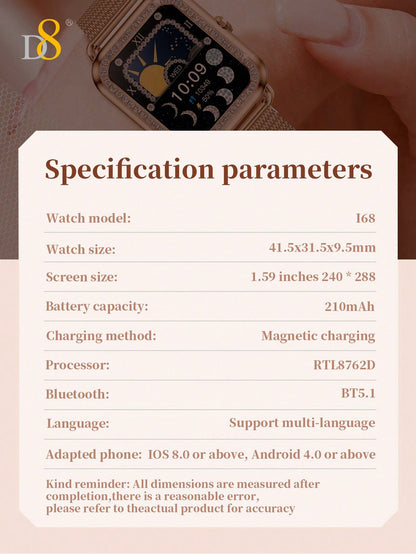 D8 Women's Smartwatch, 1.59", IP68 Waterproof, Diamond Bezel, 100+ Sports