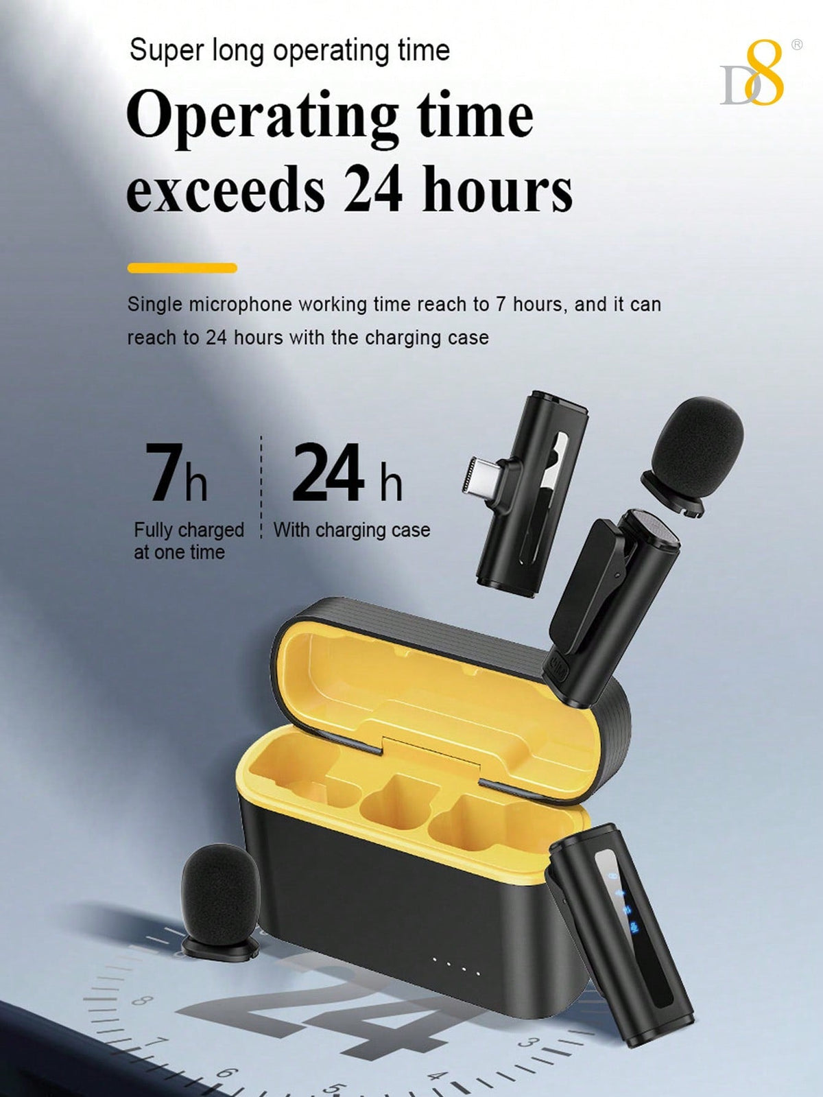 D8 Wireless Lavalier Mic, Auto Sync, Noise Reduction, 24H Battery