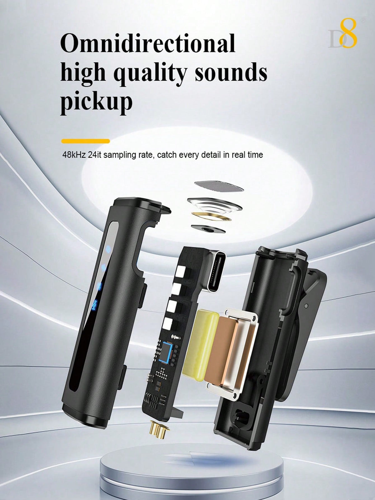 D8 Wireless Lavalier Mic, Auto Sync, Noise Reduction, 24H Battery