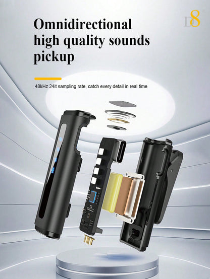 D8 Wireless Lavalier Mic, Auto Sync, Noise Reduction, 24H Battery
