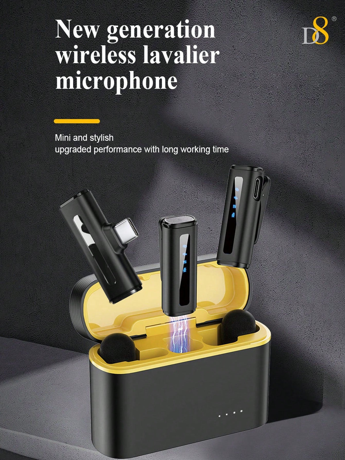D8 Wireless Lavalier Mic, Auto Sync, Noise Reduction, 24H Battery