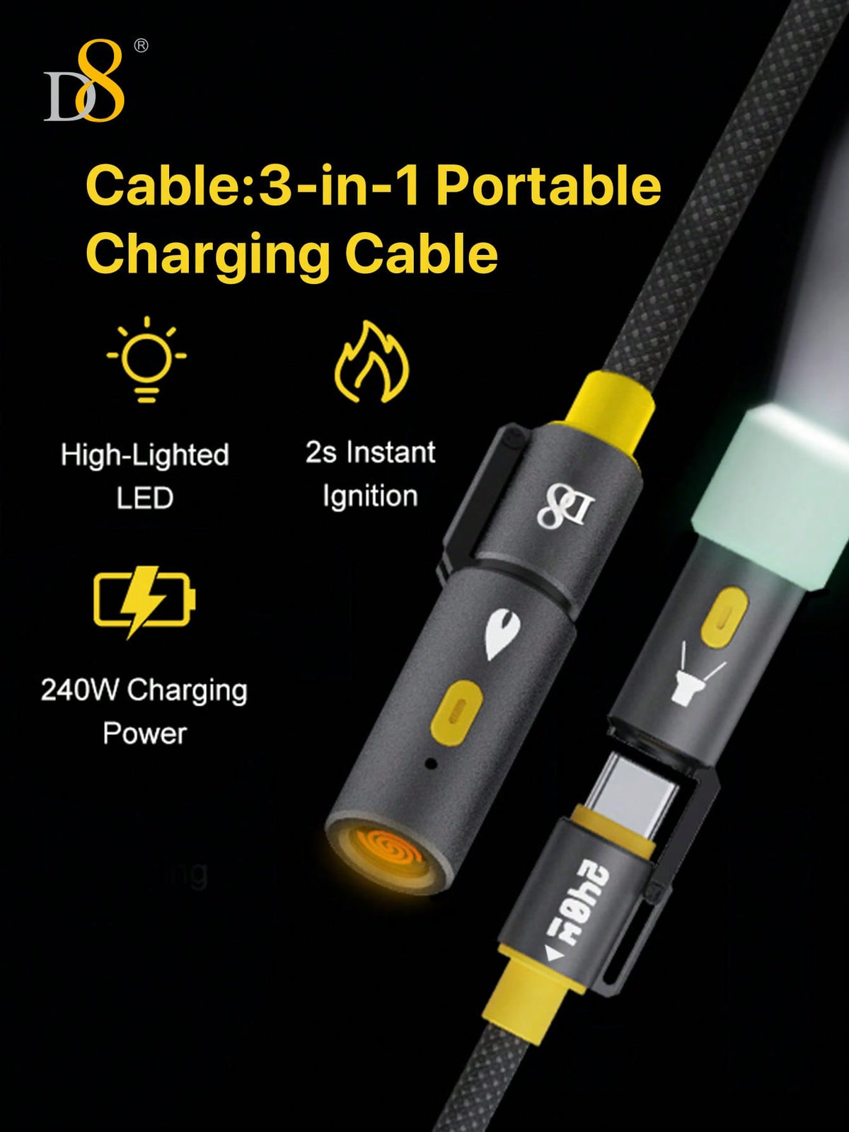 D8 All-In-1 Portable Charging Cable – 240W USB-C to USB-C with LED Lighting & Heating Element