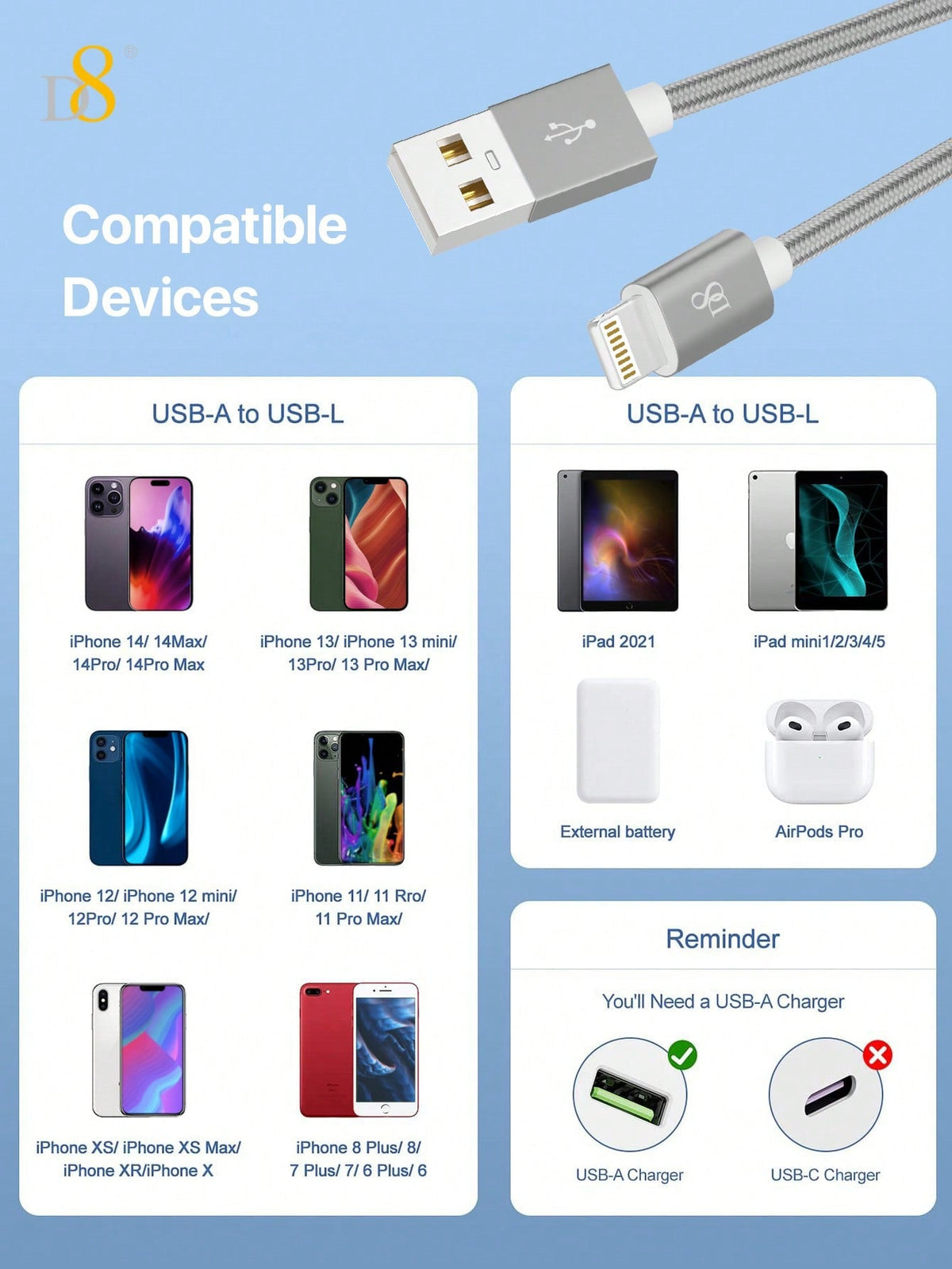 D8 3.3ft Premium Nylon USB-A to Lightning Cable, MFi Certified iPhone Charger