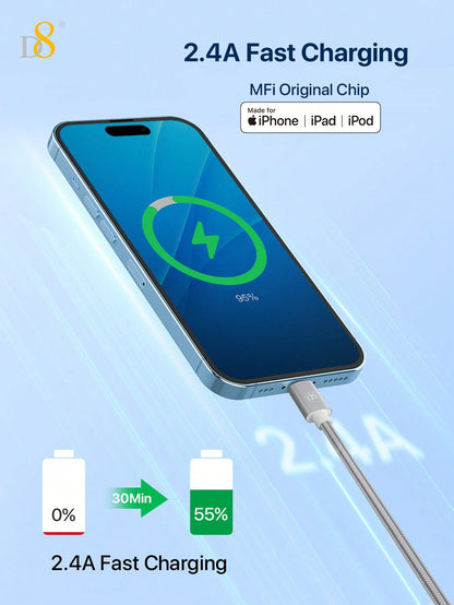 D8 3.3ft Premium Nylon USB-A to Lightning Cable, MFi Certified iPhone Charger