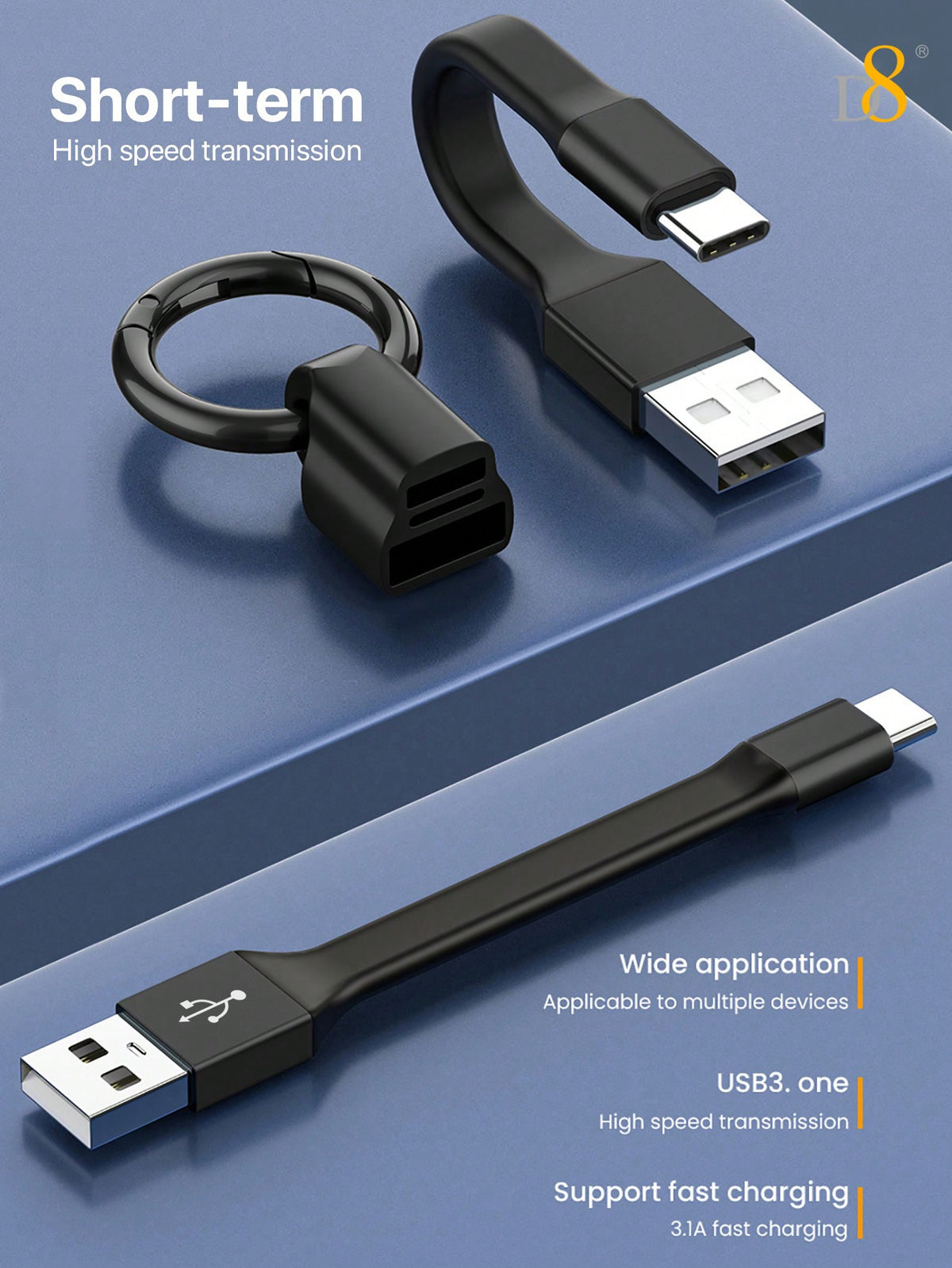 D8 USB-C Keychain Cable – 10CM USB-A to USB-C Charging & Data Transfer