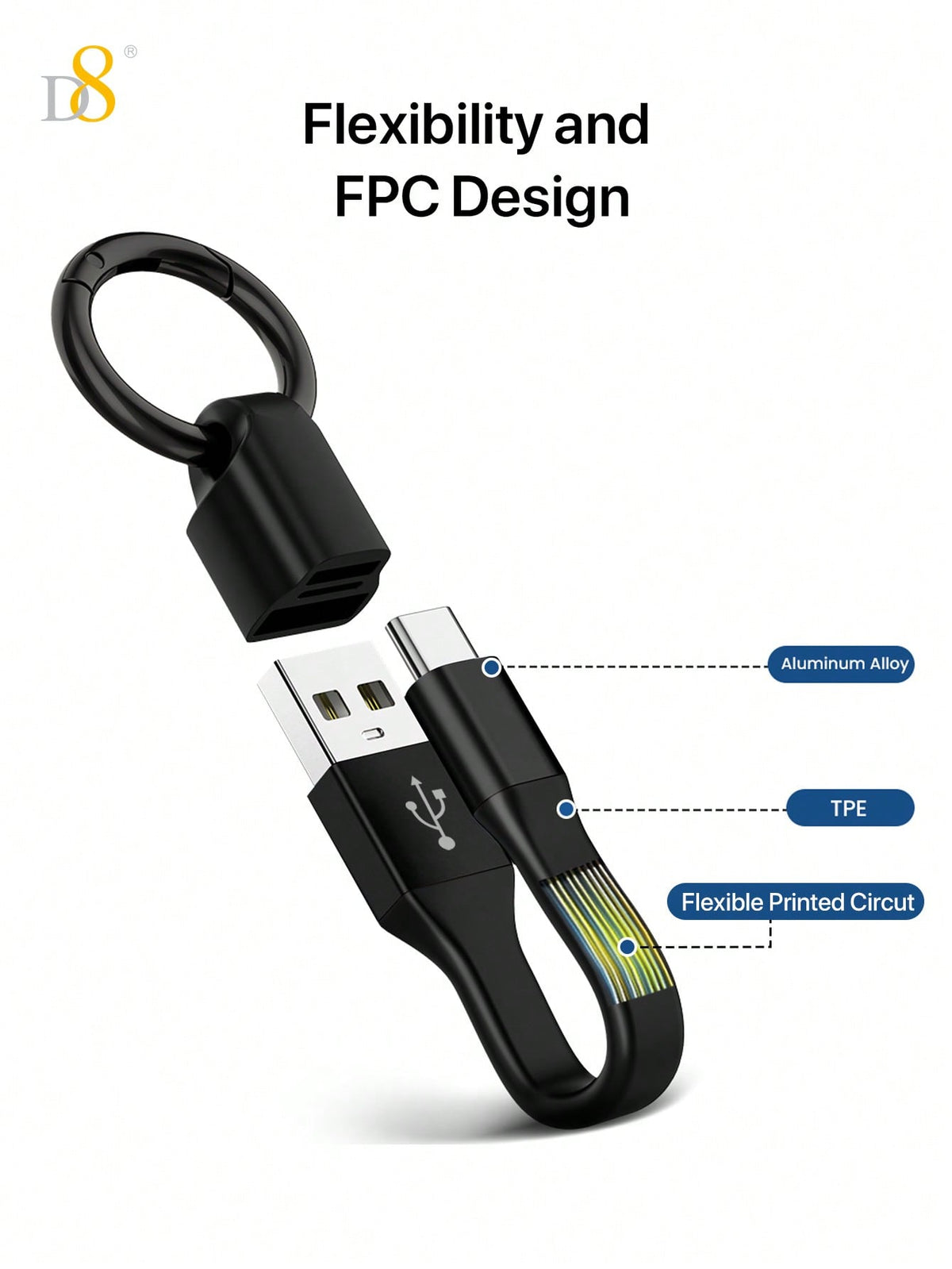 D8 USB-C Keychain Cable – 10CM USB-A to USB-C Charging & Data Transfer