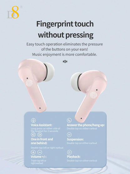 D8 Wireless Earbuds, Stereo Bass, 13mm Drivers, 4H Play, USB-C Charging