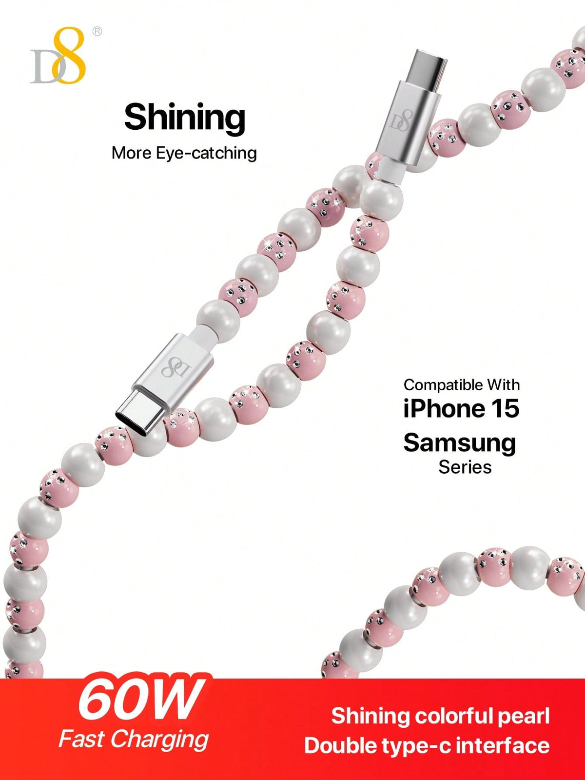 D8 USB-C to Type-C Cable – 60W Fast Charging, 3.3ft Braided for iPhone 15, iPad Pro, Galaxy