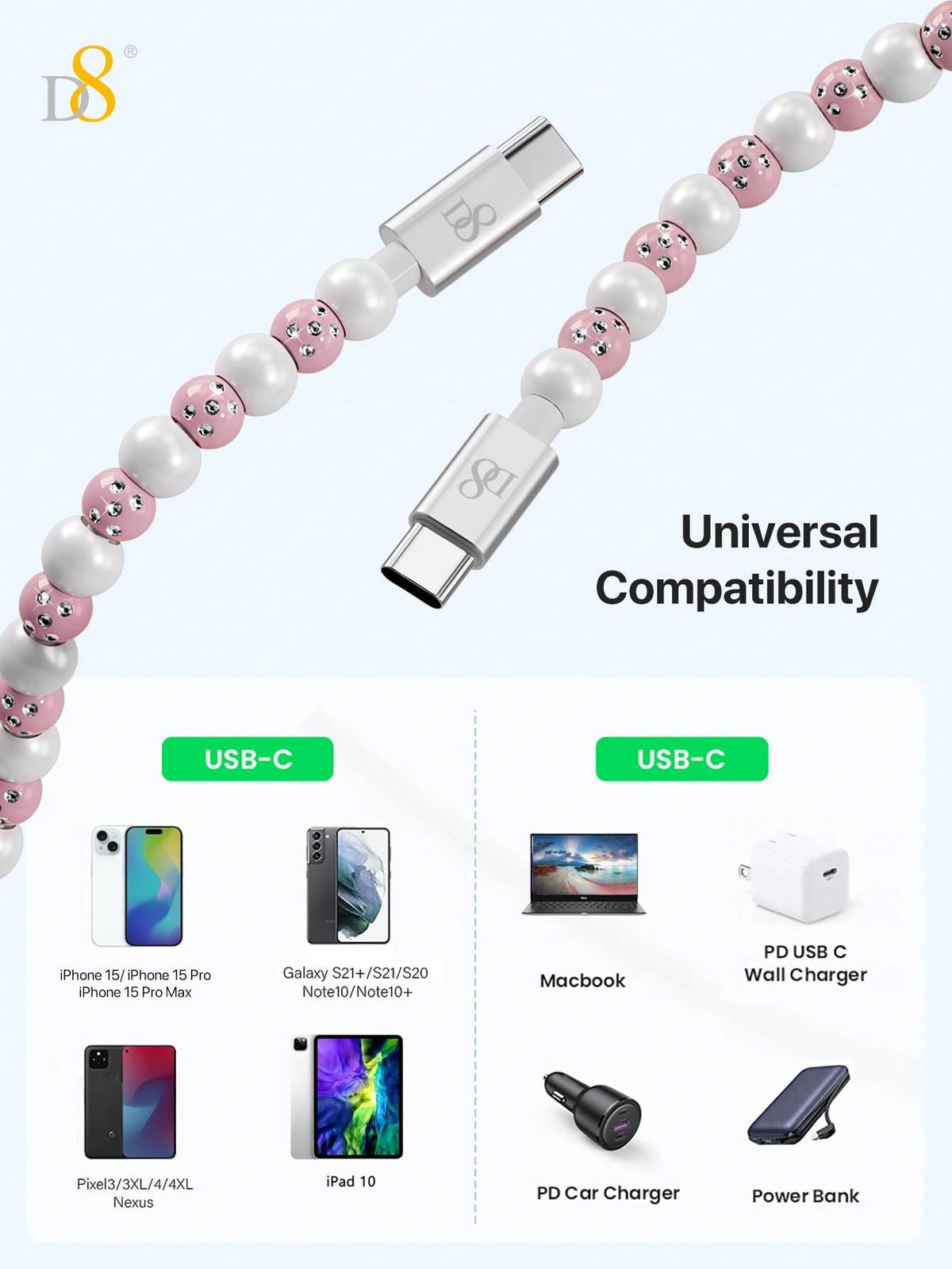 D8 USB-C to Type-C Cable – 60W Fast Charging, 3.3ft Braided for iPhone 15, iPad Pro, Galaxy