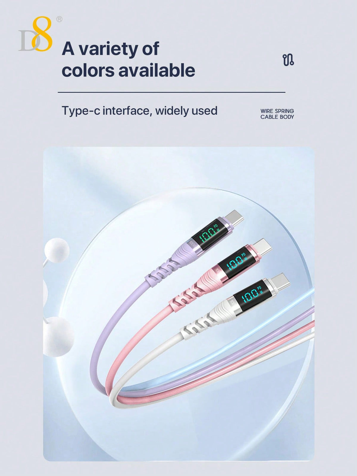 D8 USB-C Cable, 100W/5A Fast Charger with LED Display for iPhone/Galaxy/iPad